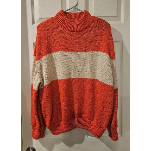Aerie XL Chunky Knit Mock Neck Sweater Orange Cream Stripe Cozy Fall Pumpkin - Picture 1 of 6